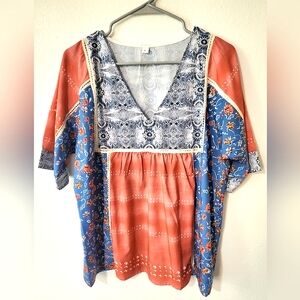 NWOT. Blouse. Blue & Red Blouse. Floral Blouse. Boho. Blue Blouse. Red Blouse.